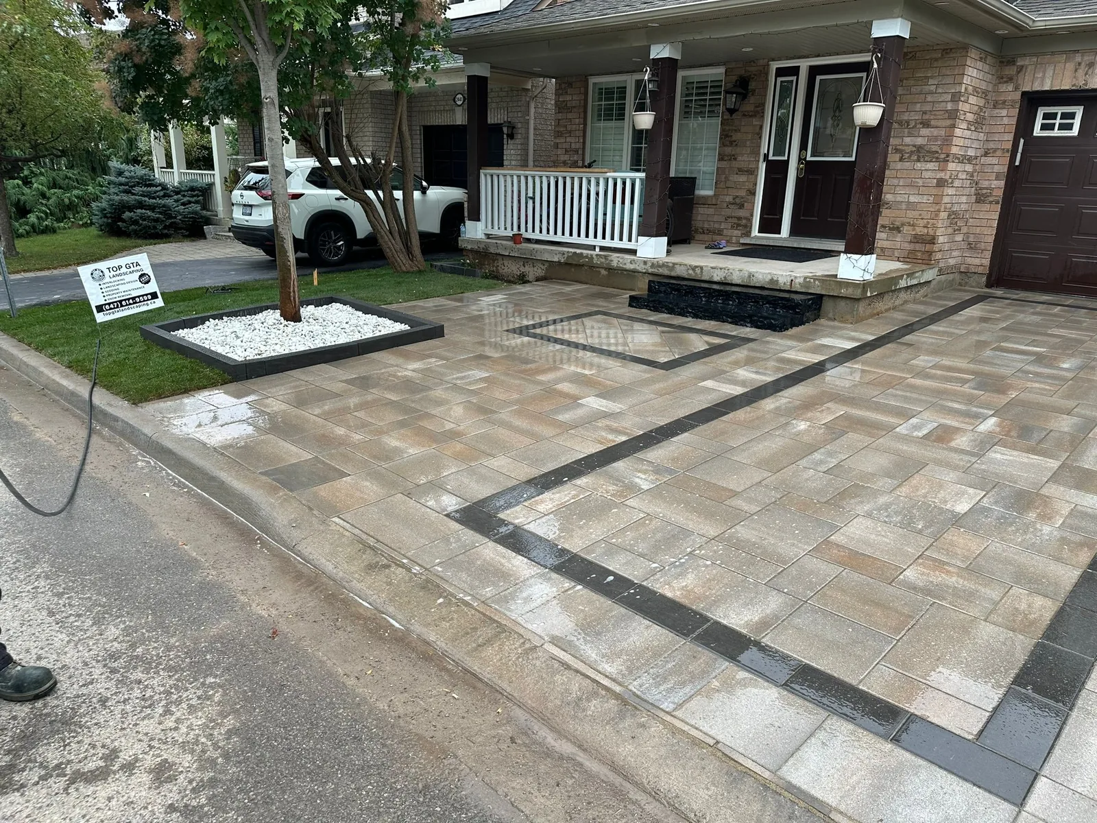 Interlocking patio with seating area