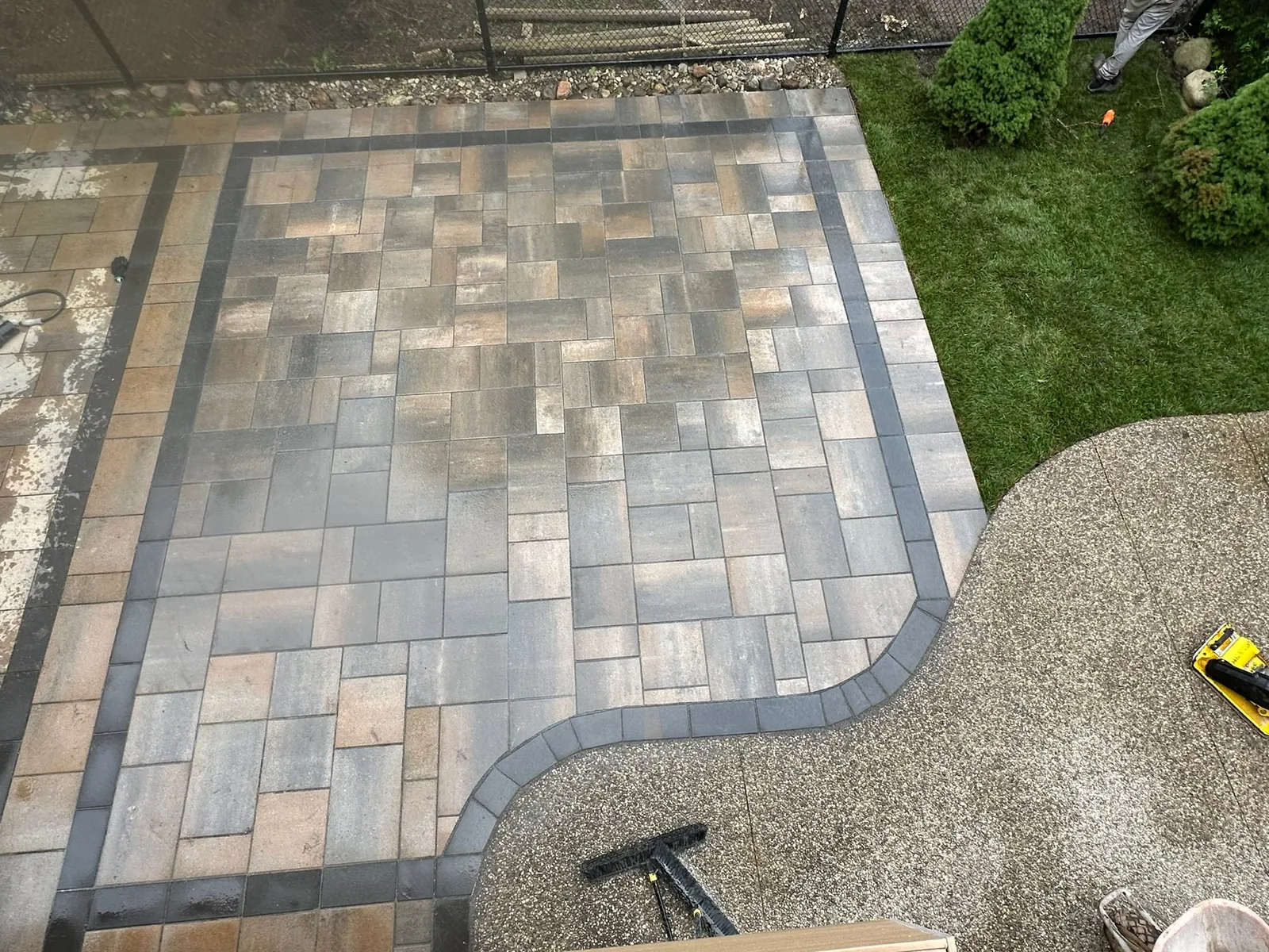 Side-yard walkway with mulched garden beds